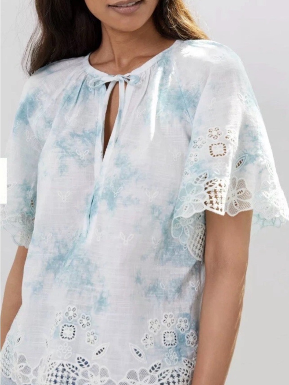 Anthropologie Embroidered Tie Dye Eyelet Boho Puff Sleeve Blouse Top XS